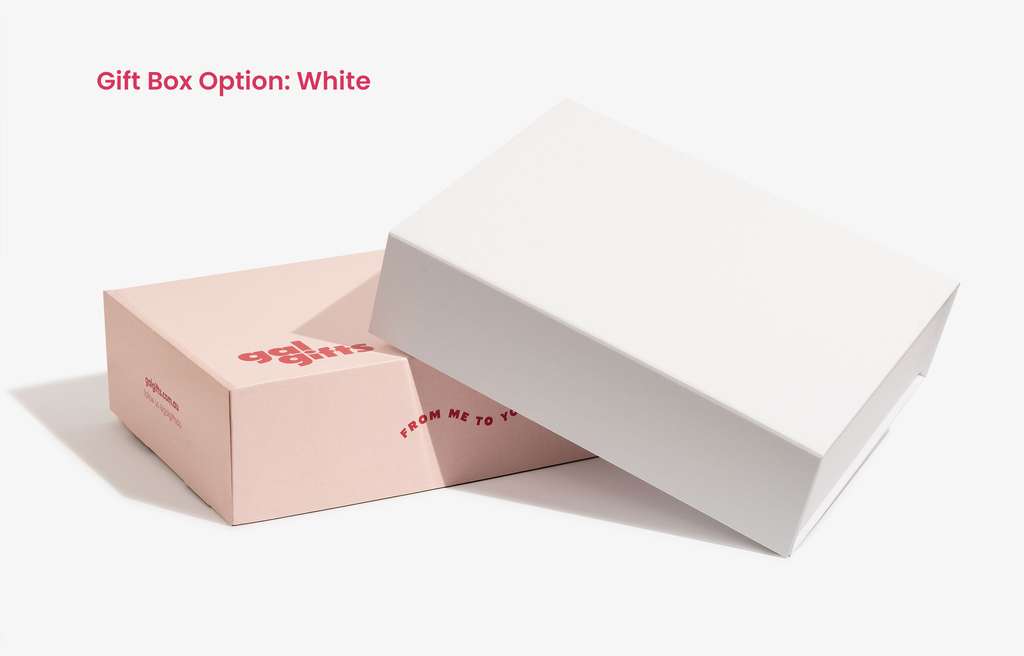 Gift box option in white leaning against the pink GalGifts branded box