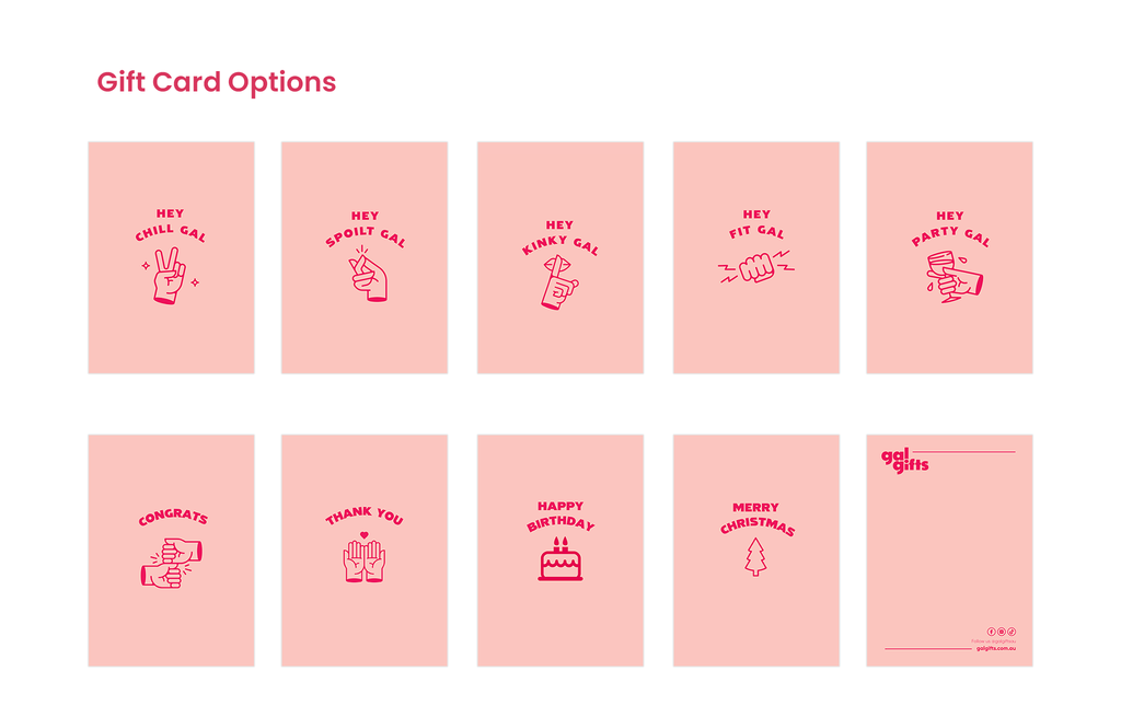 Gift card options. 10 light pink gift cards with hot pink text eachdepicting a different option to select from including 'congrat's 'thank you' 'happy birthday' 'merry christmas' or blank